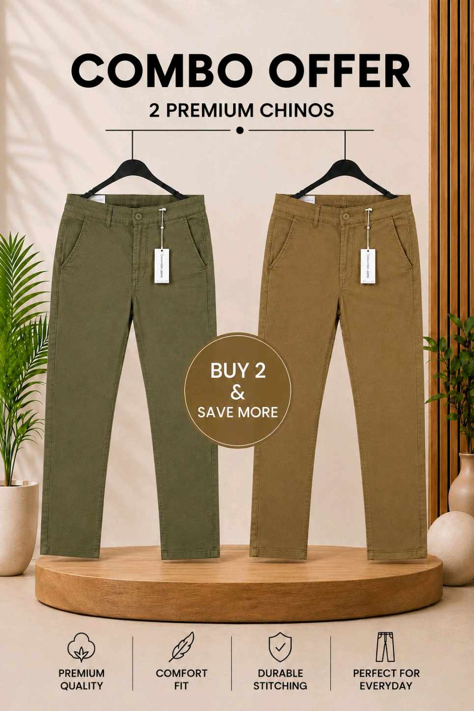 *Combo Offer* Premium Export Gabardine Pant(Olive Green+Camel Brown)